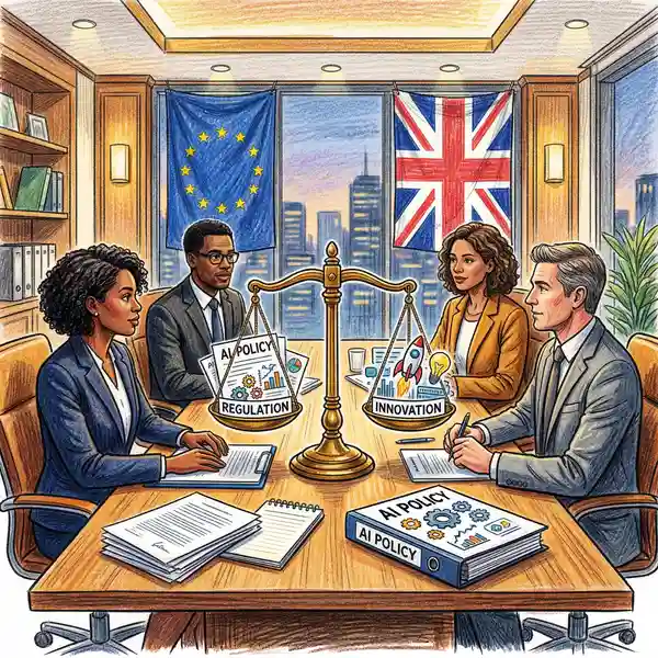 Pencil-crayon illustration of a boardroom with AI policy documents on the table and a balance scale representing regulation versus innovation