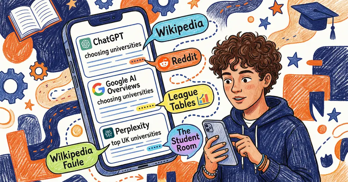 AI search results showing university course information, entry requirements, and student testimonials from multiple sources