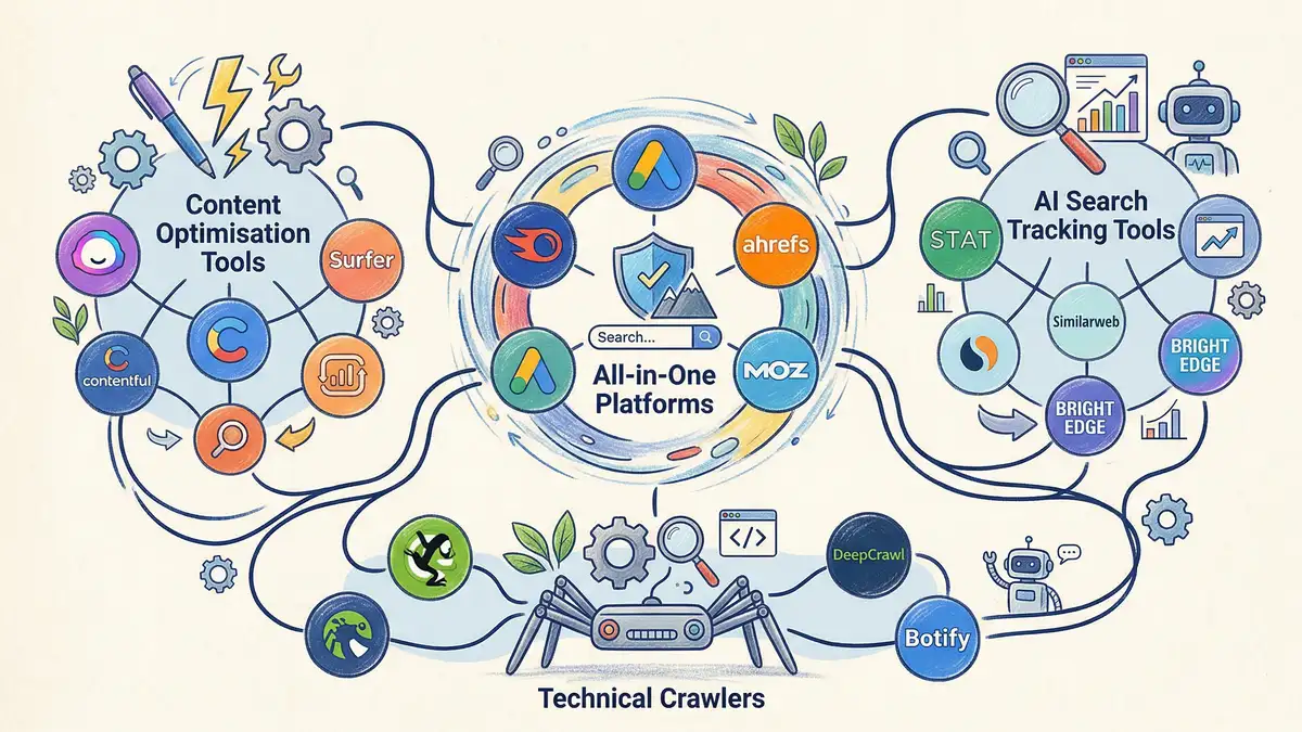 Pencil and crayon illustration showing the AI SEO tools landscape with interconnected platforms and data flowing between content optimisation, technical auditing, and AI search tracking categories