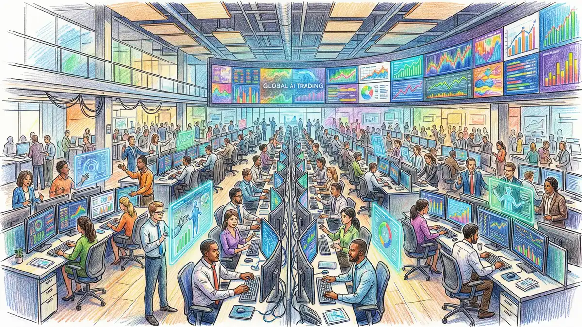Panoramic view of a modern trading floor with AI-powered analytics dashboards and data visualisations