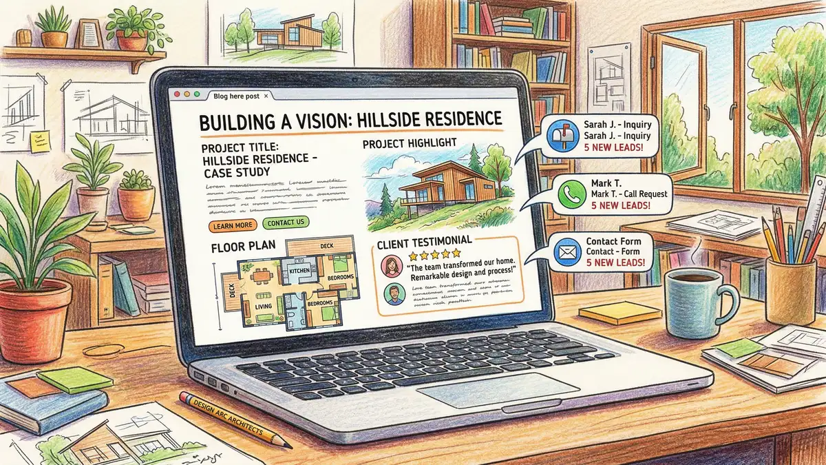 Architecture firm blog post case study on laptop