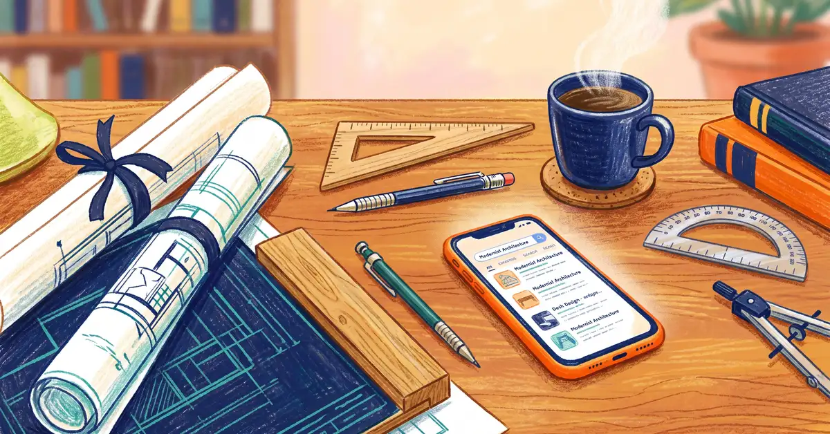 Architect's desk with rolled blueprints, scale ruler, mechanical pencil, coffee, and a smartphone showing search results