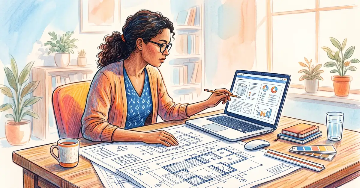 Project specifier reviewing architectural product specifications on a laptop with detailed building plans on the desk