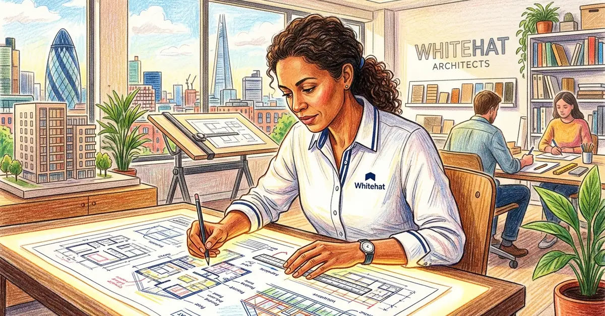 Professional architect reviewing building blueprints at a light table in a modern London studio with warm natural light