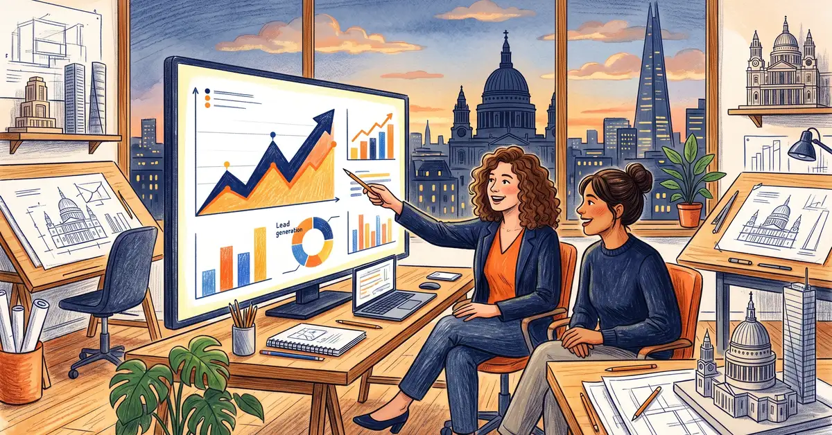 Architect studio team reviewing a marketing dashboard with rising line graphs and lead enquiry charts, London skyline visible behind