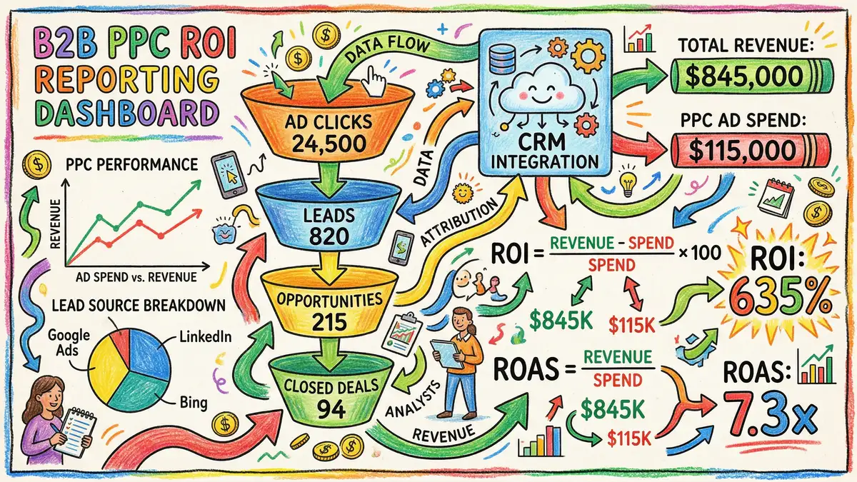 PPC reporting dashboard displaying cost-per-acquisition trends, return on investment metrics and budget allocation recommendations