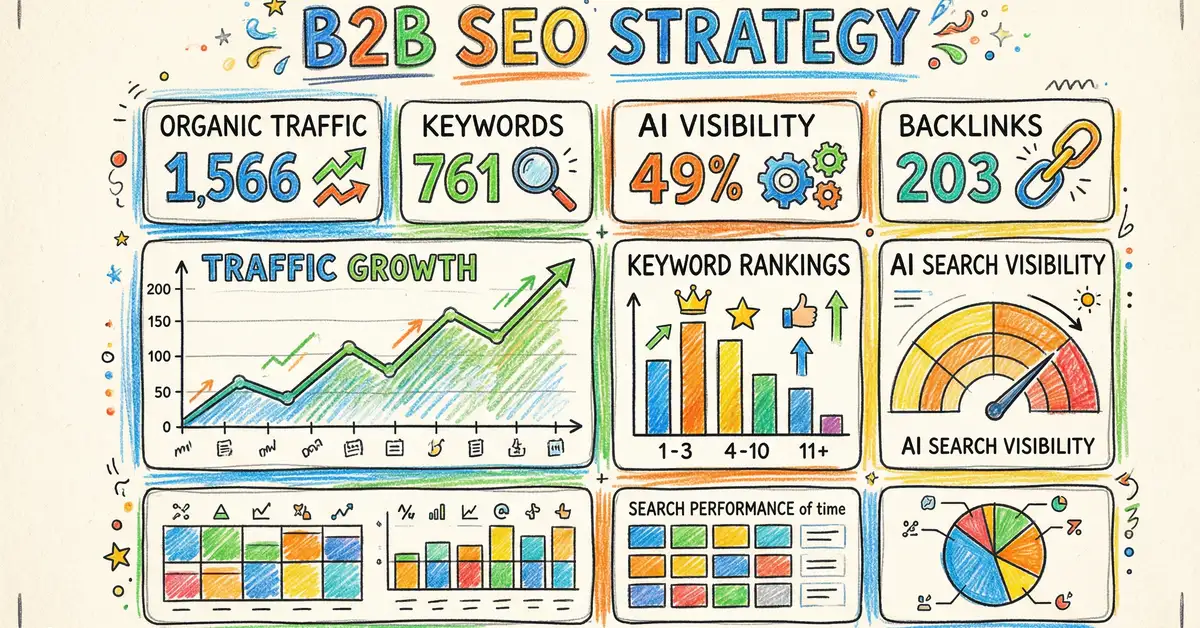 B2B SEO strategy dashboard showing organic search performance metrics and AI visibility indicators for UK marketing directors