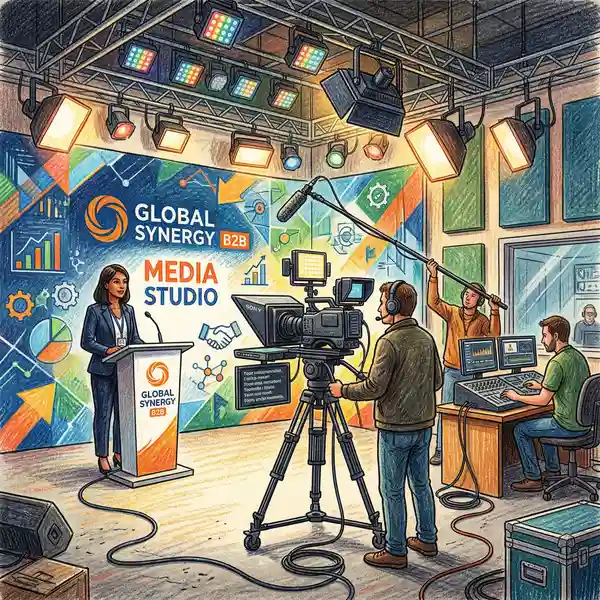 Professional B2B video production studio setup with lighting, microphone, and editing workstation demonstrating production quality standards