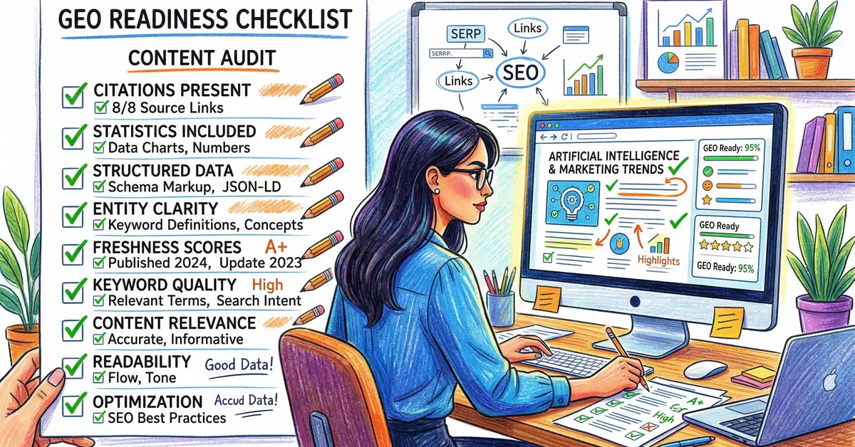 Pencil and crayon sketch of a content audit checklist showing GEO readiness assessment criteria including extractability, entity clarity, freshness, and citation integration