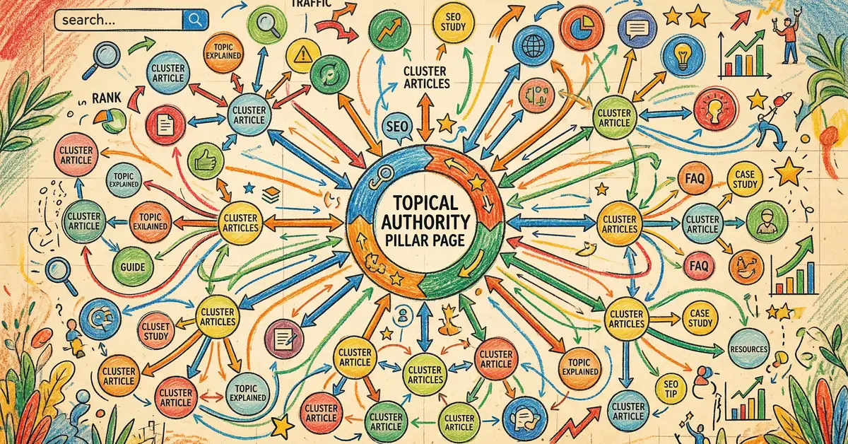 Content hub architecture with central pillar page connected to cluster articles demonstrating topical authority