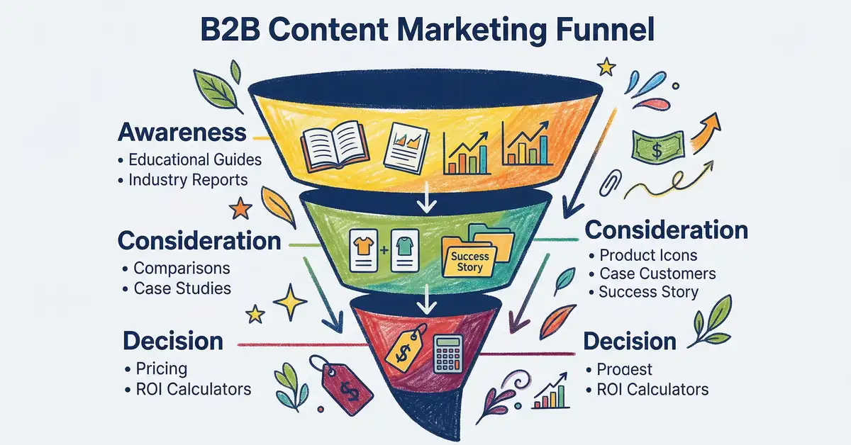 B2B content marketing funnel showing content types mapped to awareness, consideration, and decision stages