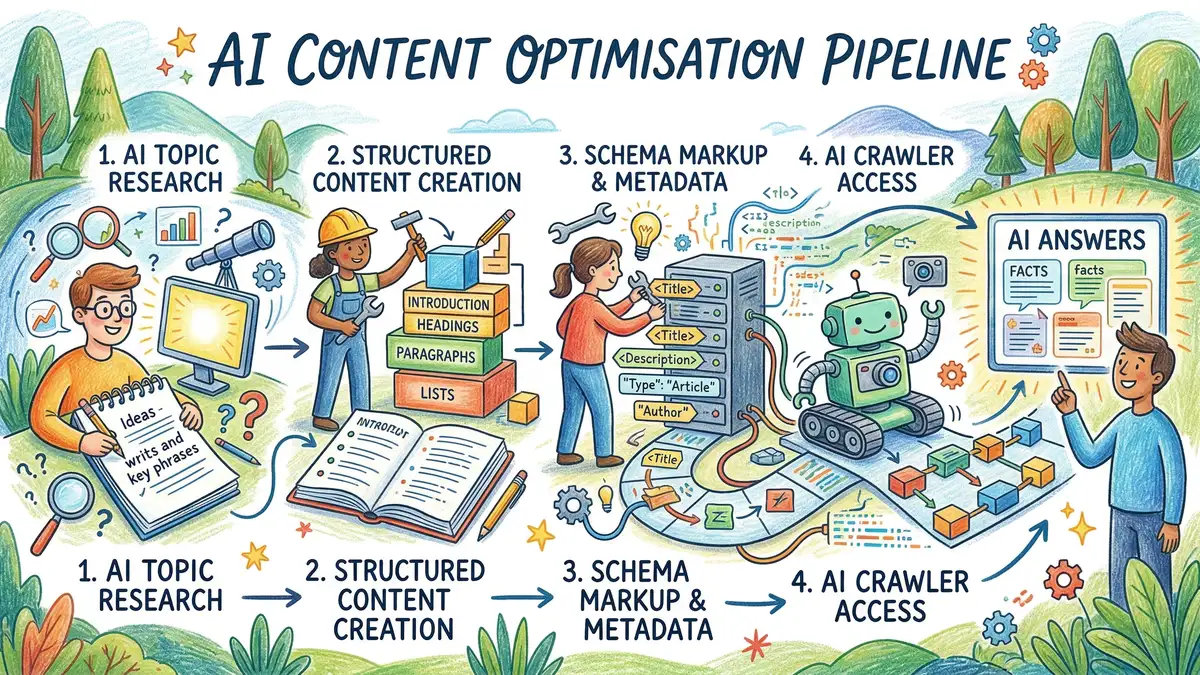 Pencil-crayon illustration of a content optimisation workflow for AI search showing structured content creation steps