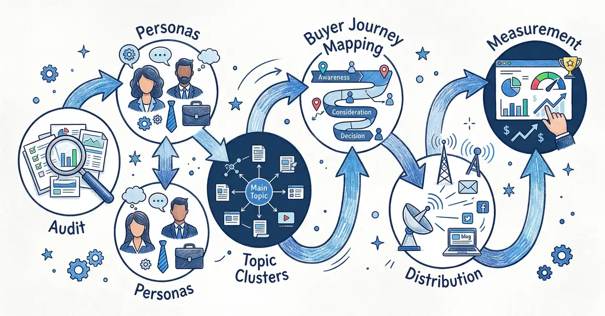 Six-step B2B content marketing strategy framework showing the sequence from audit through measurement