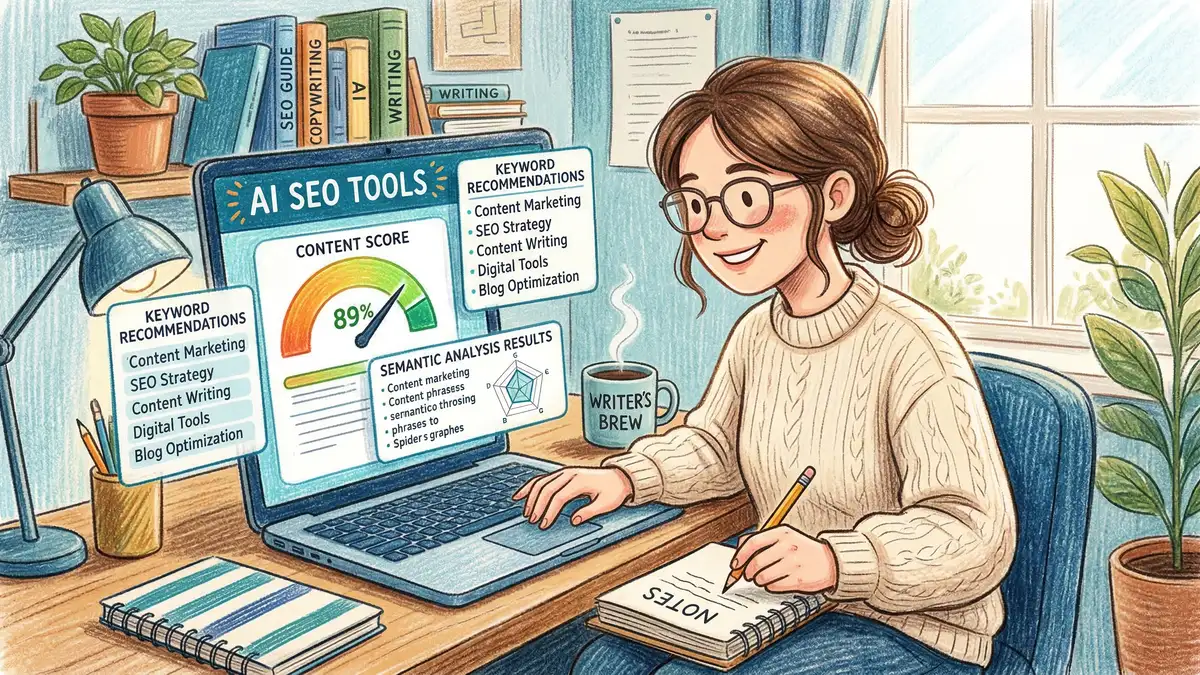 Pencil and crayon sketch of a content writer using AI SEO tools on a laptop screen with semantic analysis scores and keyword recommendations visible