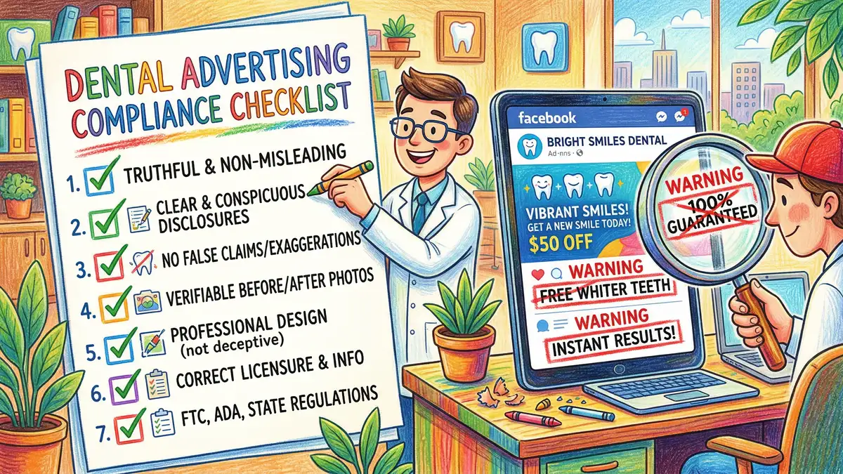 Advertising Standards Authority dental advertising compliance checklist with highlighted violations and approved alternatives