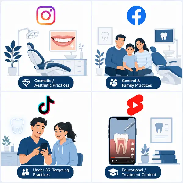 Illustrated decision matrix showing which social platform suits which UK dental clinic type, with Facebook, Instagram, TikTok and YouTube icons