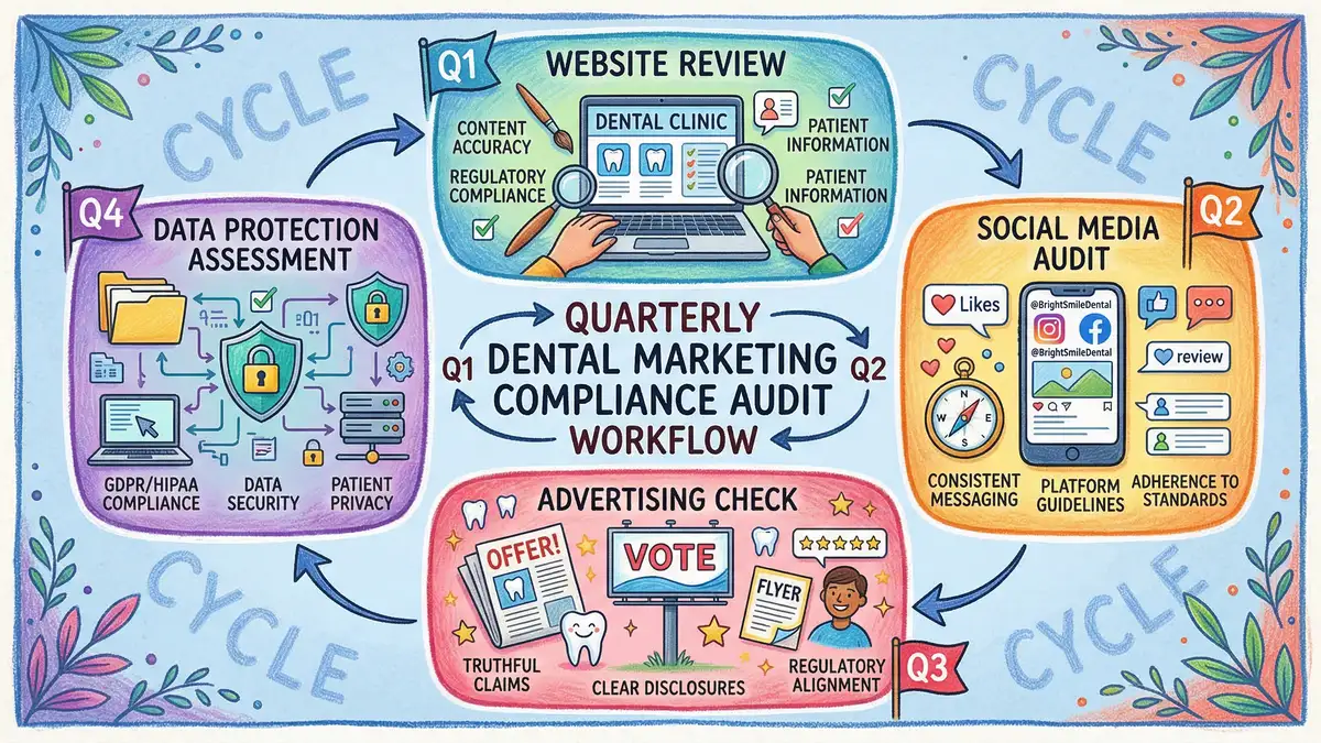 Dental marketing compliance audit workflow diagram showing quarterly review cycle across GDC ASA CMA and GDPR requirements