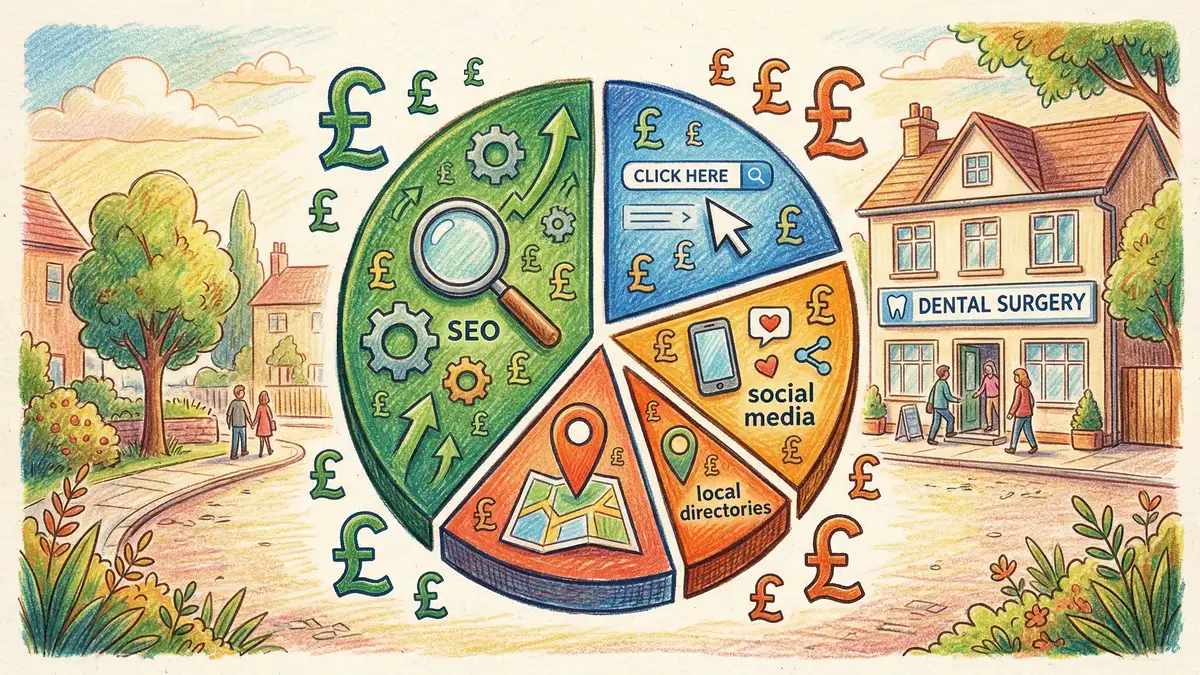 Pencil crayon pie chart showing dental marketing budget allocation across SEO, PPC, social media, and local directories