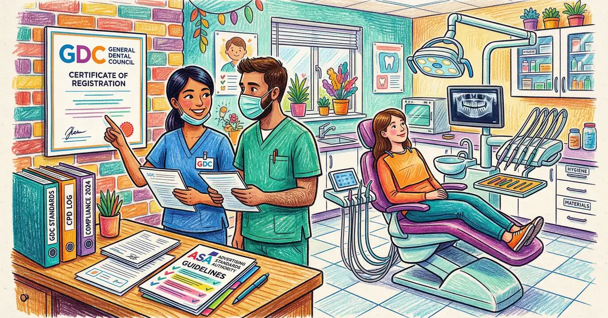 UK dental practice compliance concept showing regulatory documents, GDC logo and dental marketing materials in a professional setting
