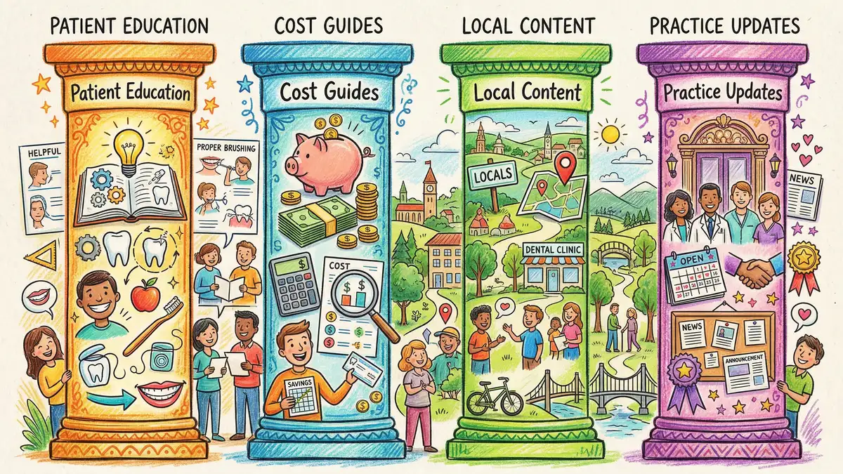 Four content pillars for dental marketing: patient education, treatment cost guides, local community content, and practice updates with relevant icons