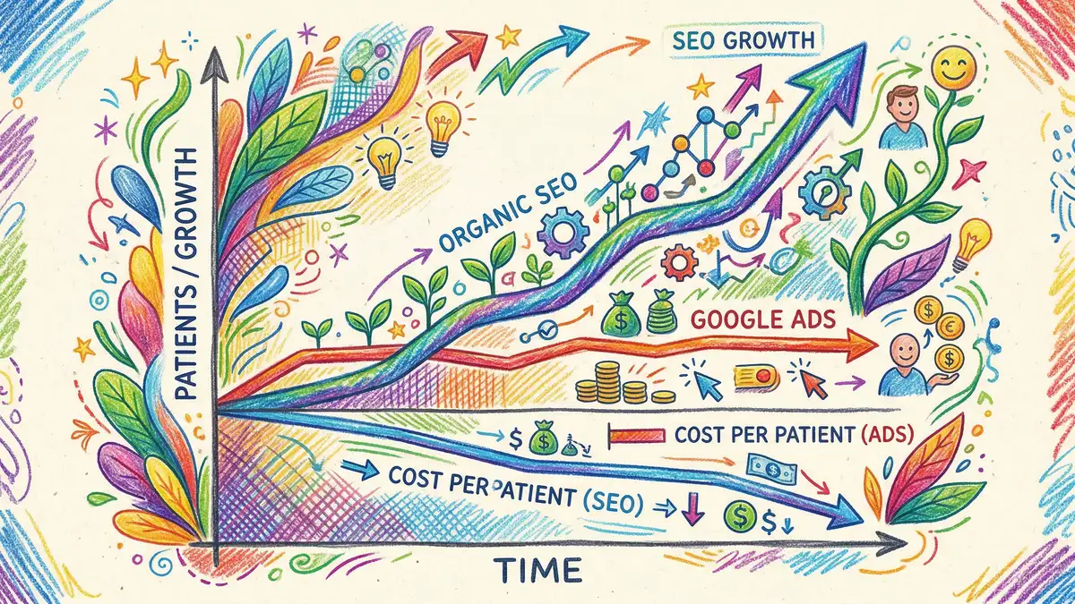 Comparison graph showing organic SEO growth compounding over time versus flat Google Ads paid acquisition, with cost per patient decreasing for SEO