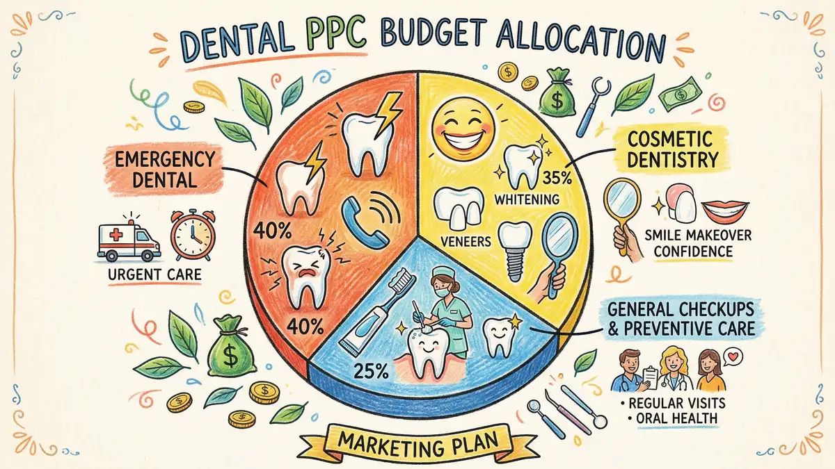 Illustrated chart showing dental PPC budget allocation across different campaign types including emergency implants and cosmetic dentistry