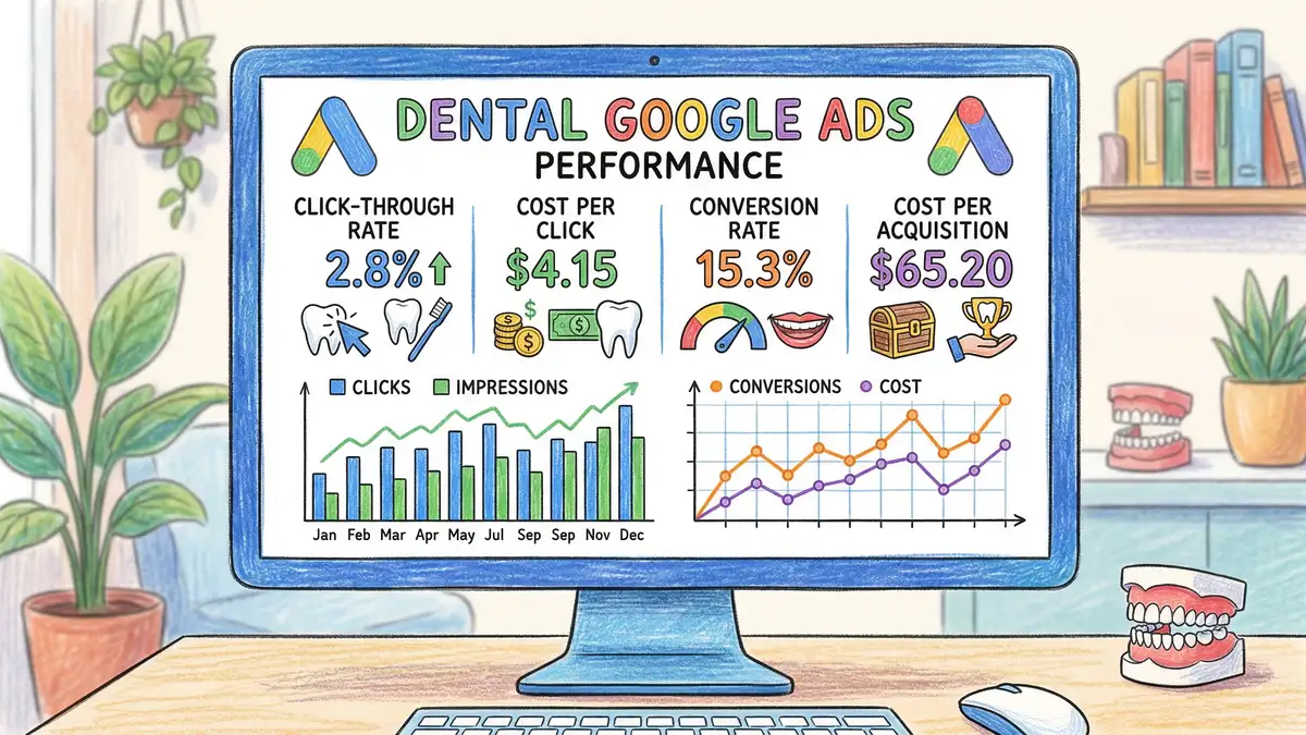 Illustrated dashboard showing dental Google Ads campaign metrics including cost per click conversion rate and return on ad spend