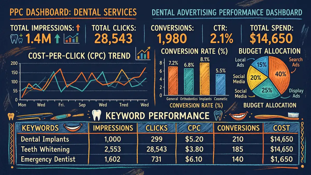 Google Ads dashboard showing cost and budget metrics for dental PPC campaigns