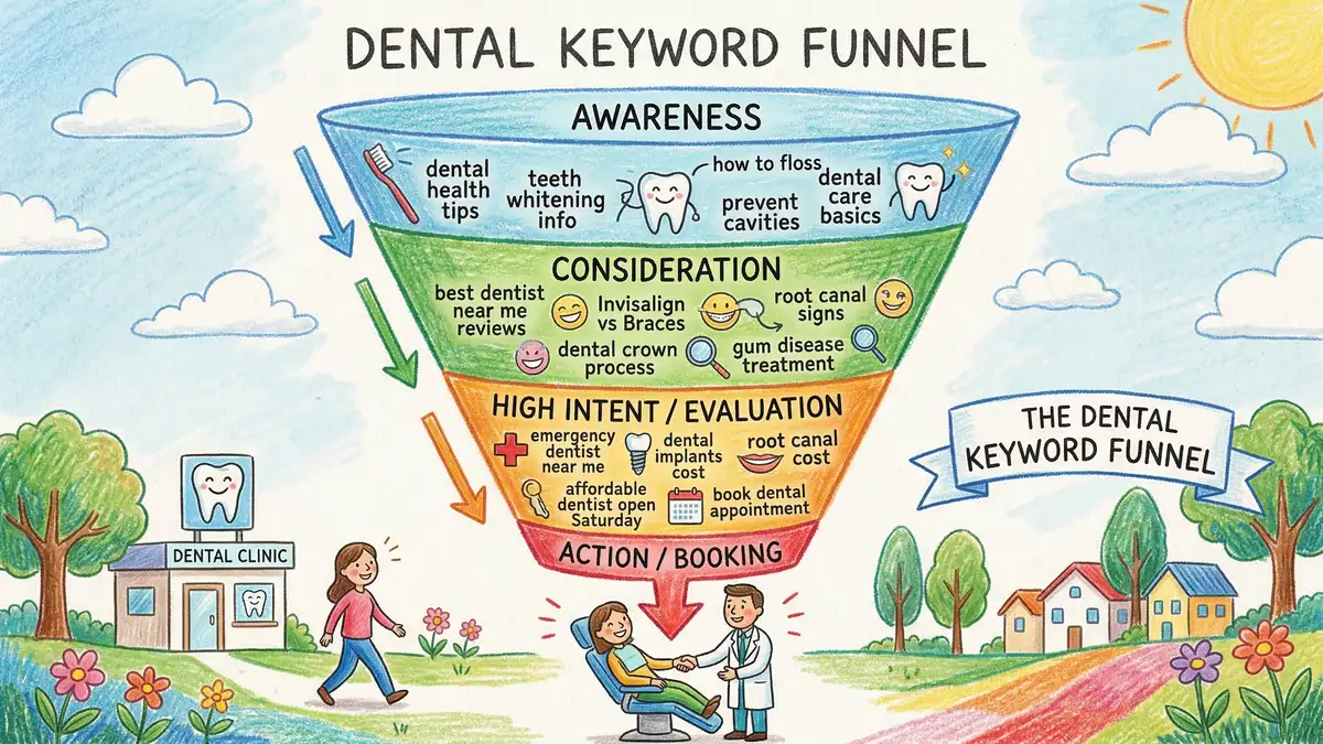 Pencil crayon illustration of a keyword funnel showing high-intent dental search terms flowing into appointment bookings