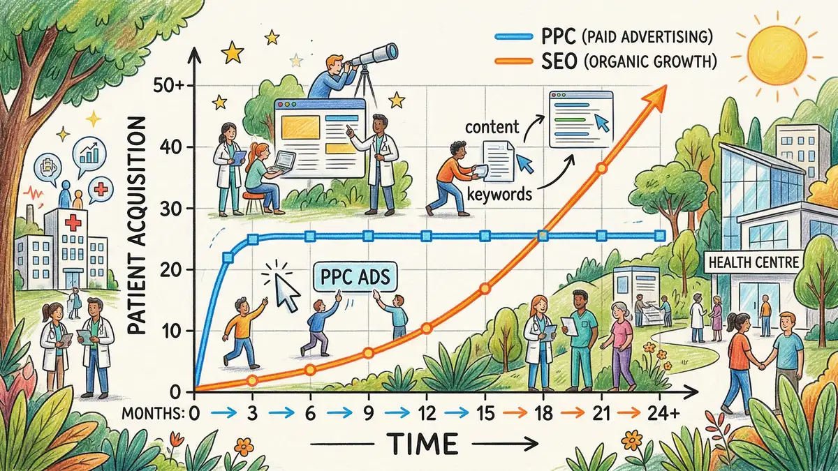 Pencil illustration comparing PPC and SEO growth curves over time showing how SEO compounds while PPC remains flat