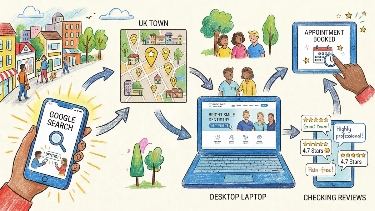 Patient journey flowchart for UK dental practices showing the path from Google search to map results, website visit, review checking, and appointment booking