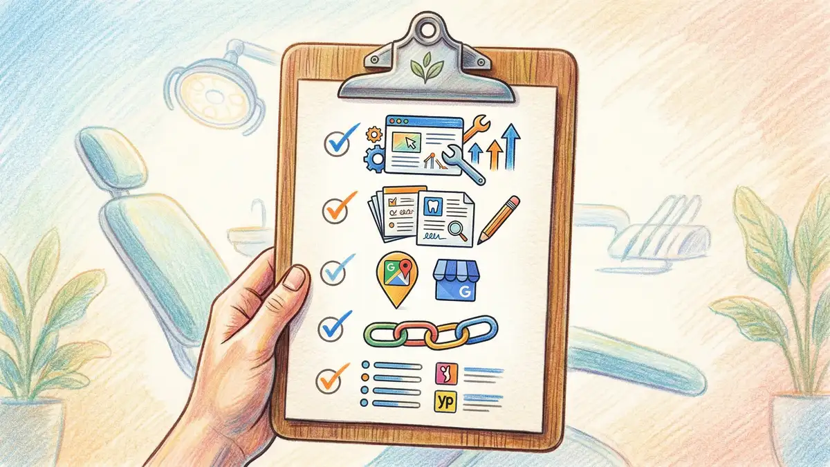 Pencil crayon sketch of a dental SEO service breakdown checklist showing technical audit, content creation, and local SEO items
