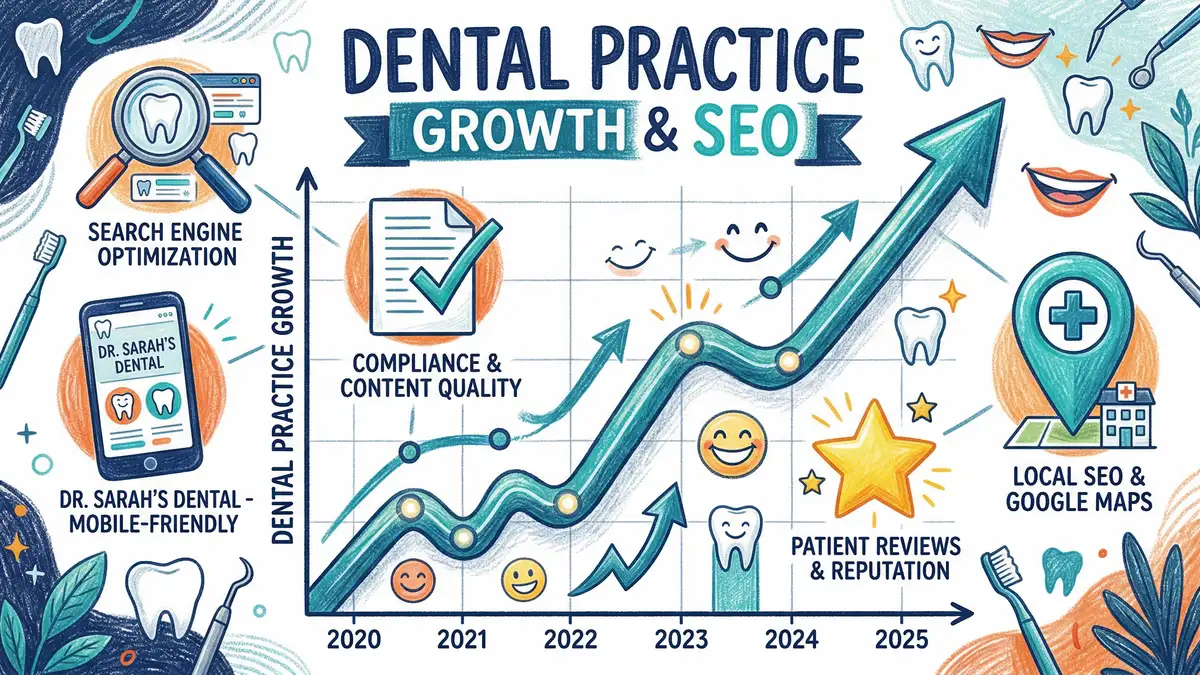 Dental SEO growth chart showing upward trending rankings with icons for local SEO, search, reviews, mobile website, and compliance