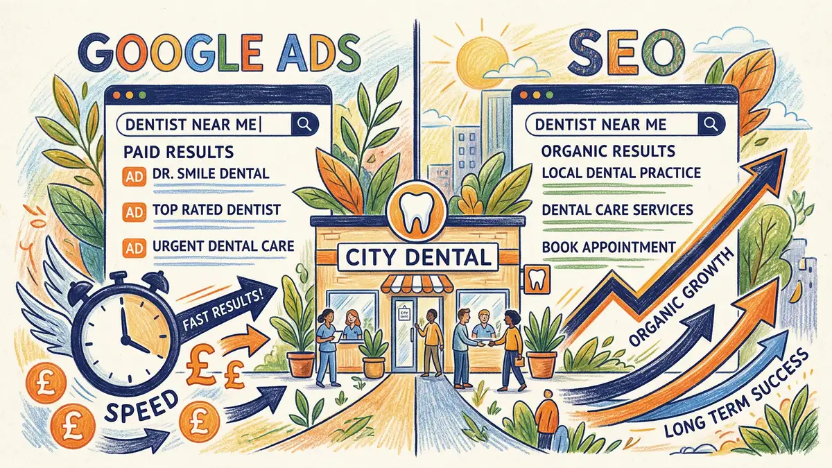 Comparison chart of SEO and PPC channels for dental patient acquisition