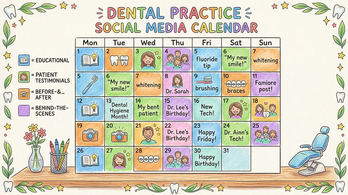 Illustrated dental social media content calendar showing different post types including before-and-after photos, educational videos, and team spotlights