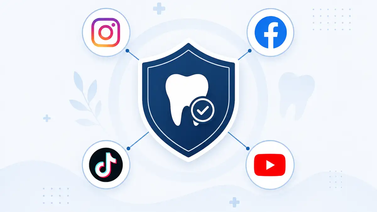 Illustrated dental social media ecosystem showing Instagram, Facebook, TikTok and YouTube content with a GDC compliance badge in the centre