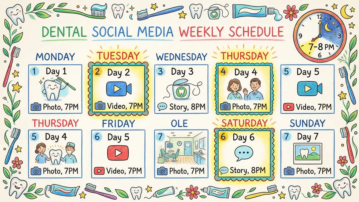 Illustrated weekly social media posting schedule for a dental practice showing optimal days and content types