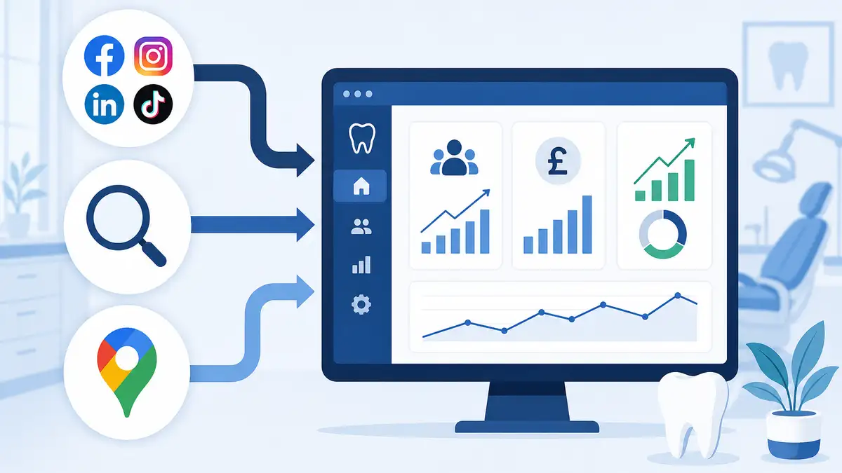 Illustrated diagram showing how social media, SEO, and Google Business Profile feed into a single dental practice CRM dashboard for measurement