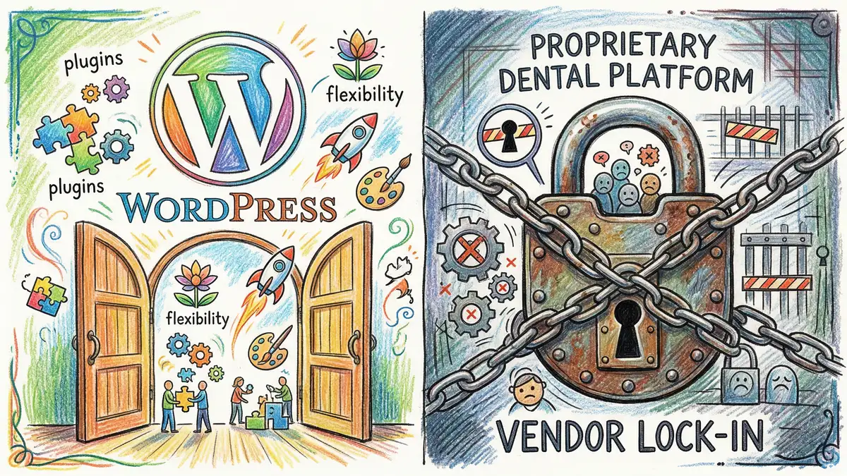 CMS platform comparison for dental websites showing WordPress flexibility versus proprietary limitations in pencil crayon style