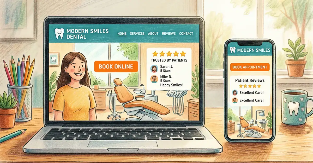 Dental website homepage design showing mobile-first layout with prominent booking button and trust signals in pencil crayon illustration style