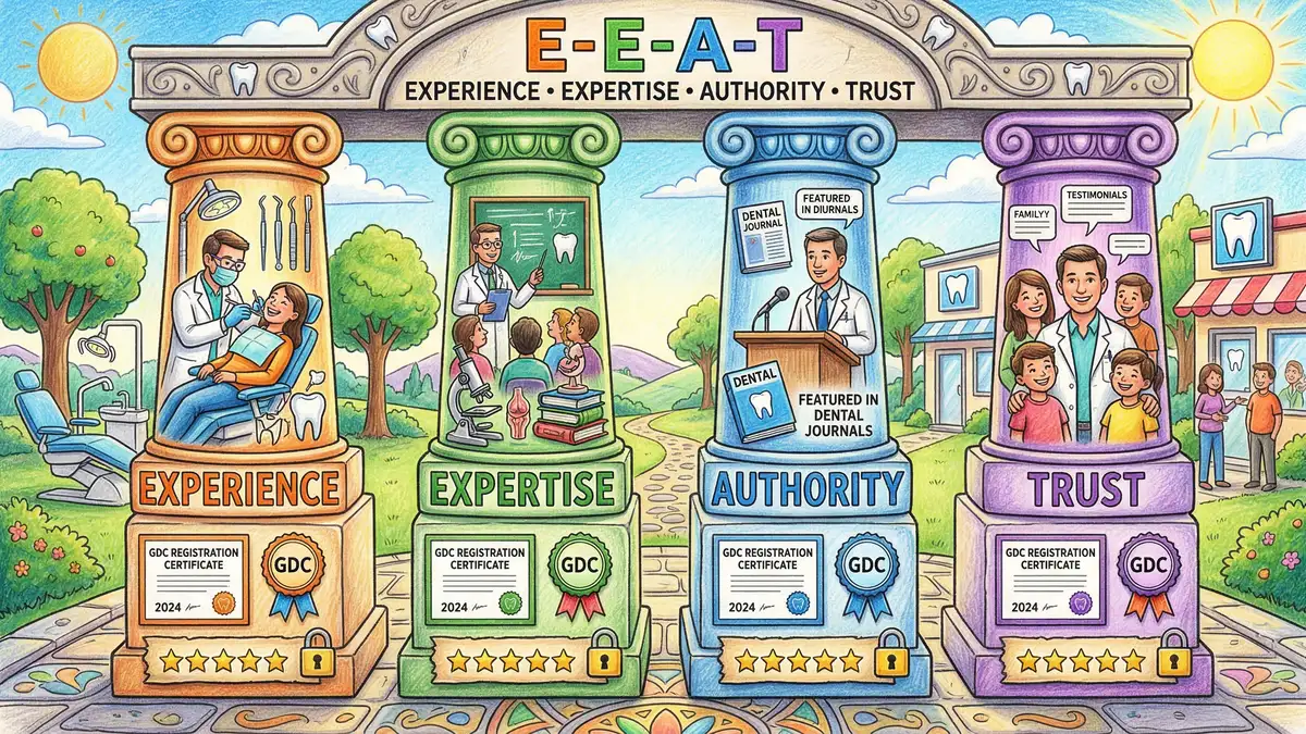 E-E-A-T trust signals for dental websites showing GDC registration credentials and patient review elements in pencil crayon style