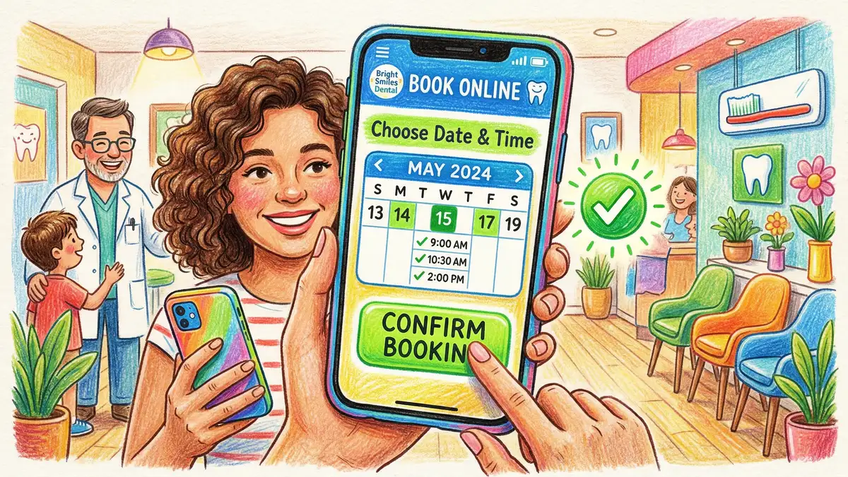 Dental practice online booking interface with click-to-call button and mobile-optimised appointment form in pencil crayon illustration