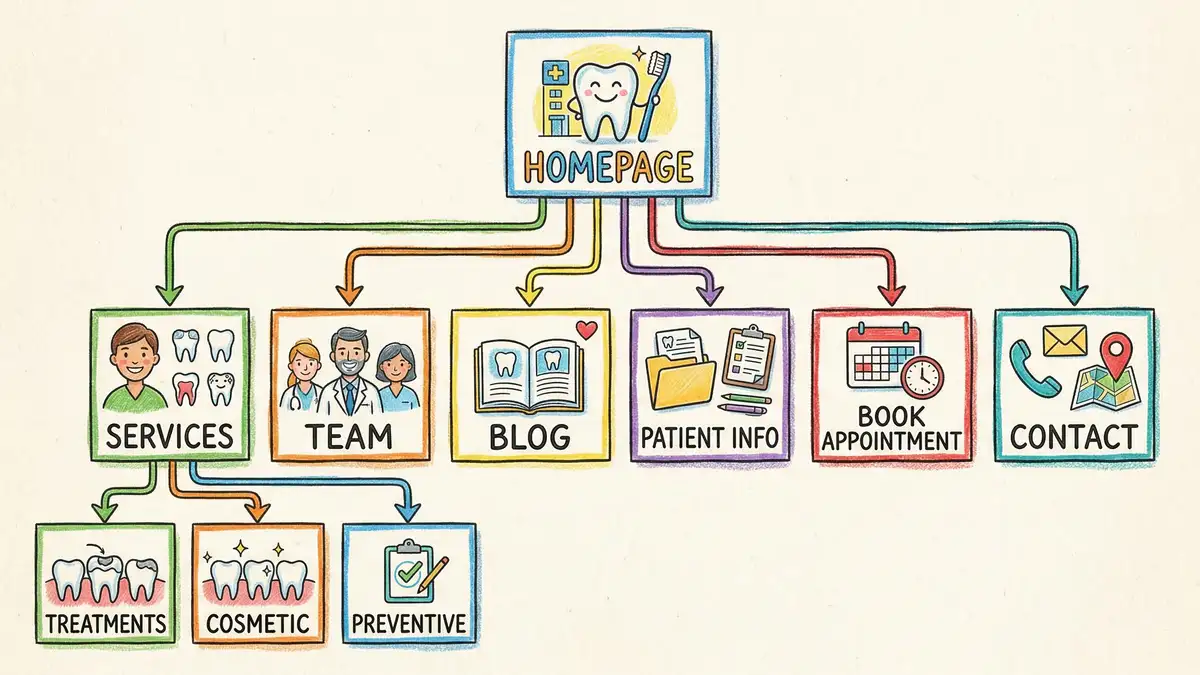 Dental website service page structure showing treatment information hierarchy and internal linking in pencil crayon style