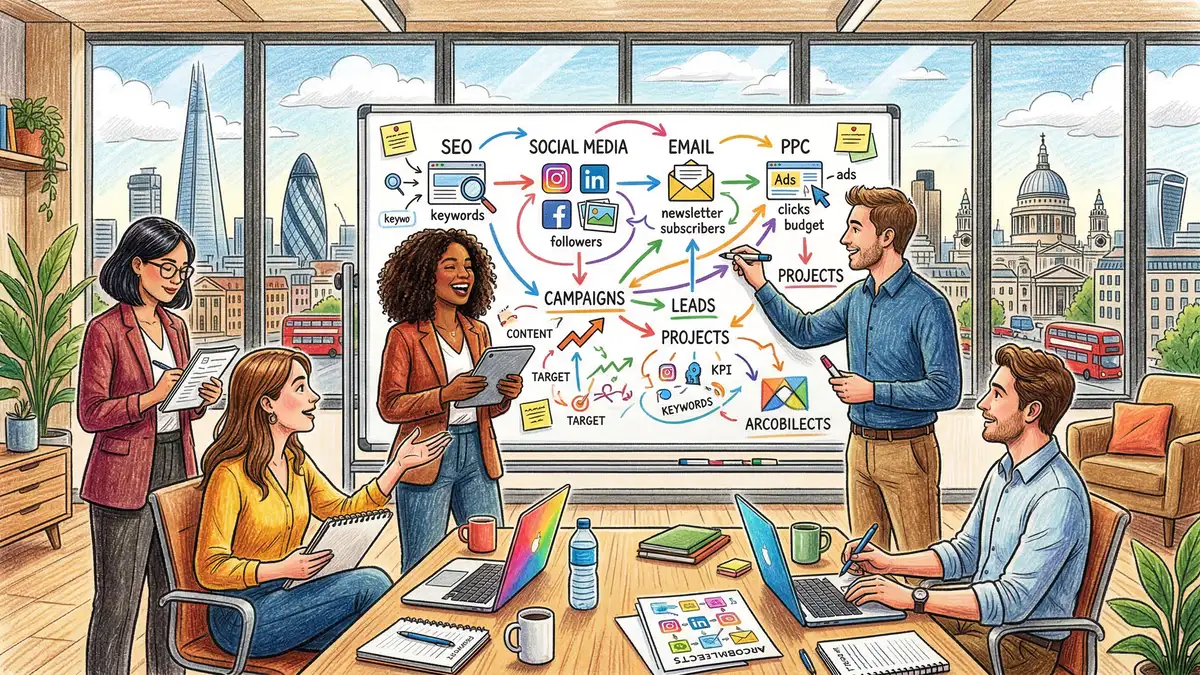 Architecture firm digital marketing strategy meeting with multi-channel marketing plan