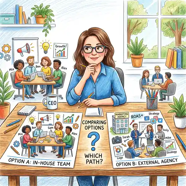 A business owner weighing the choice between building an in-house marketing team and partnering with an agency