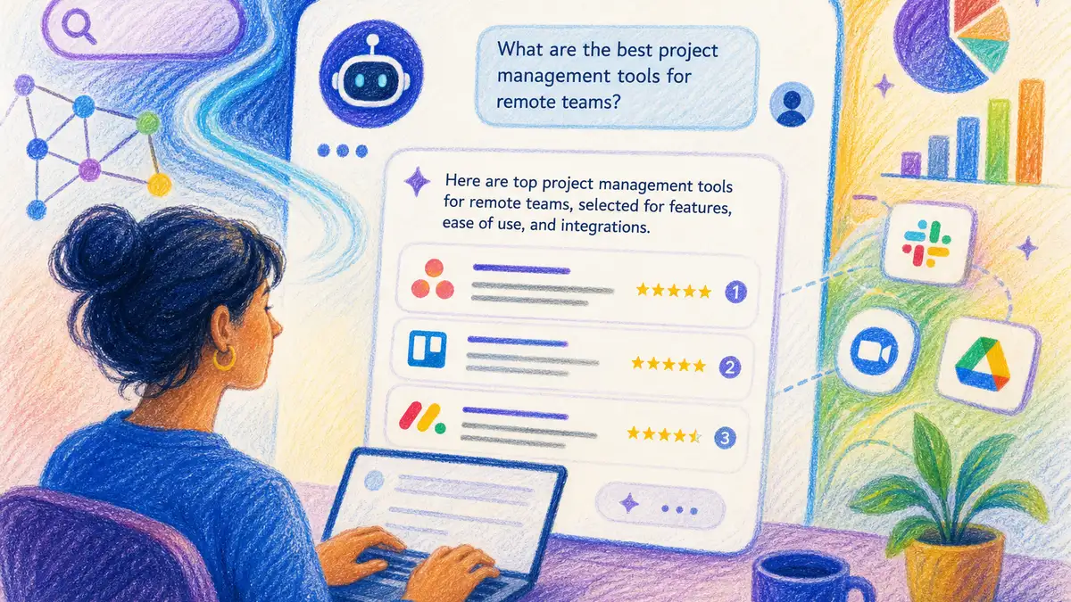 An illustration of AI-powered search surfacing cited answers and brand recommendations to a business user