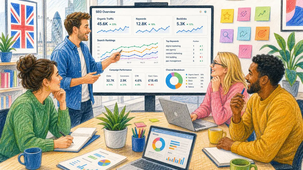 A UK digital marketing team collaborating around a monitor showing SEO analytics, ranking graphs and campaign dashboards