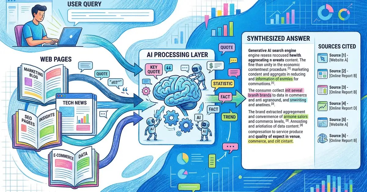 Pencil and crayon illustration showing how generative AI engines retrieve, synthesise, and cite content from multiple sources to create unified responses for user queries