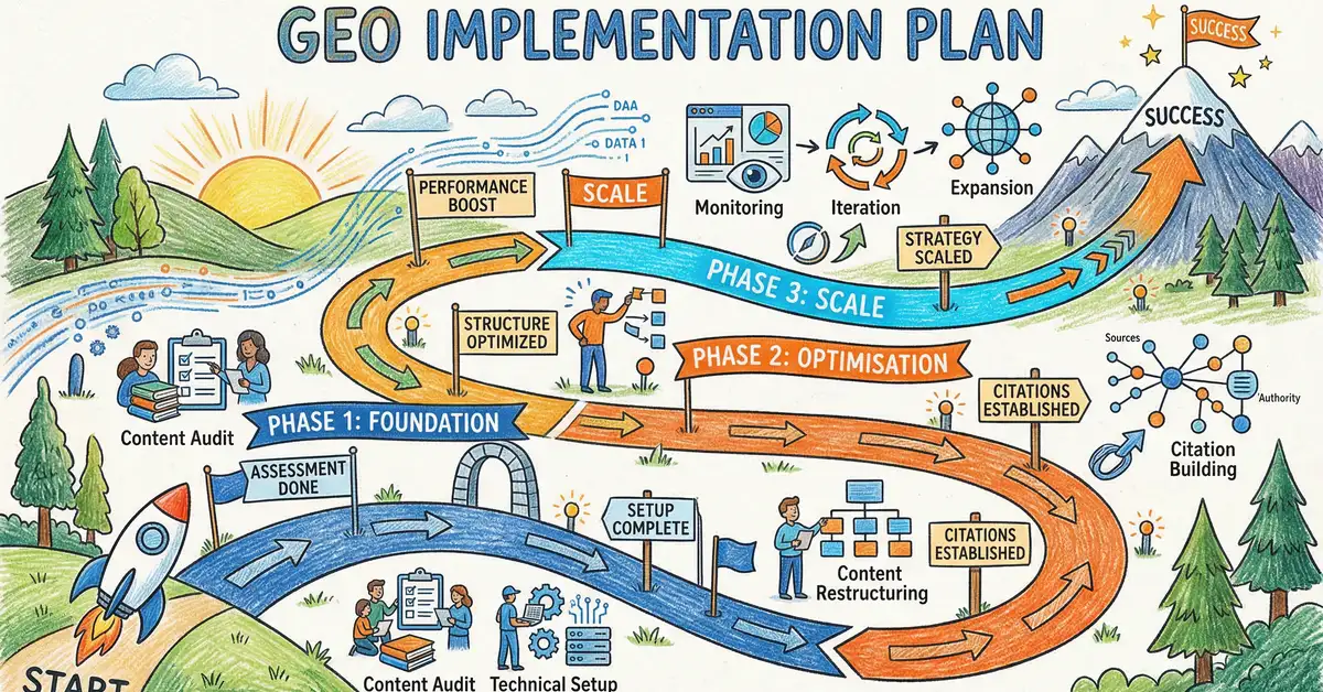 Pencil and crayon illustration showing a phased GEO implementation roadmap with three stages from foundation building through acceleration to maturity, with milestones and expected results at each phase