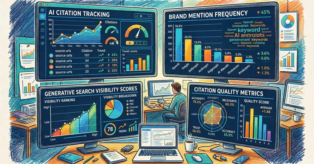 Pencil and crayon illustration of GEO measurement dashboards showing brand mention frequency, citation rate, and AI share of voice metrics across multiple platforms